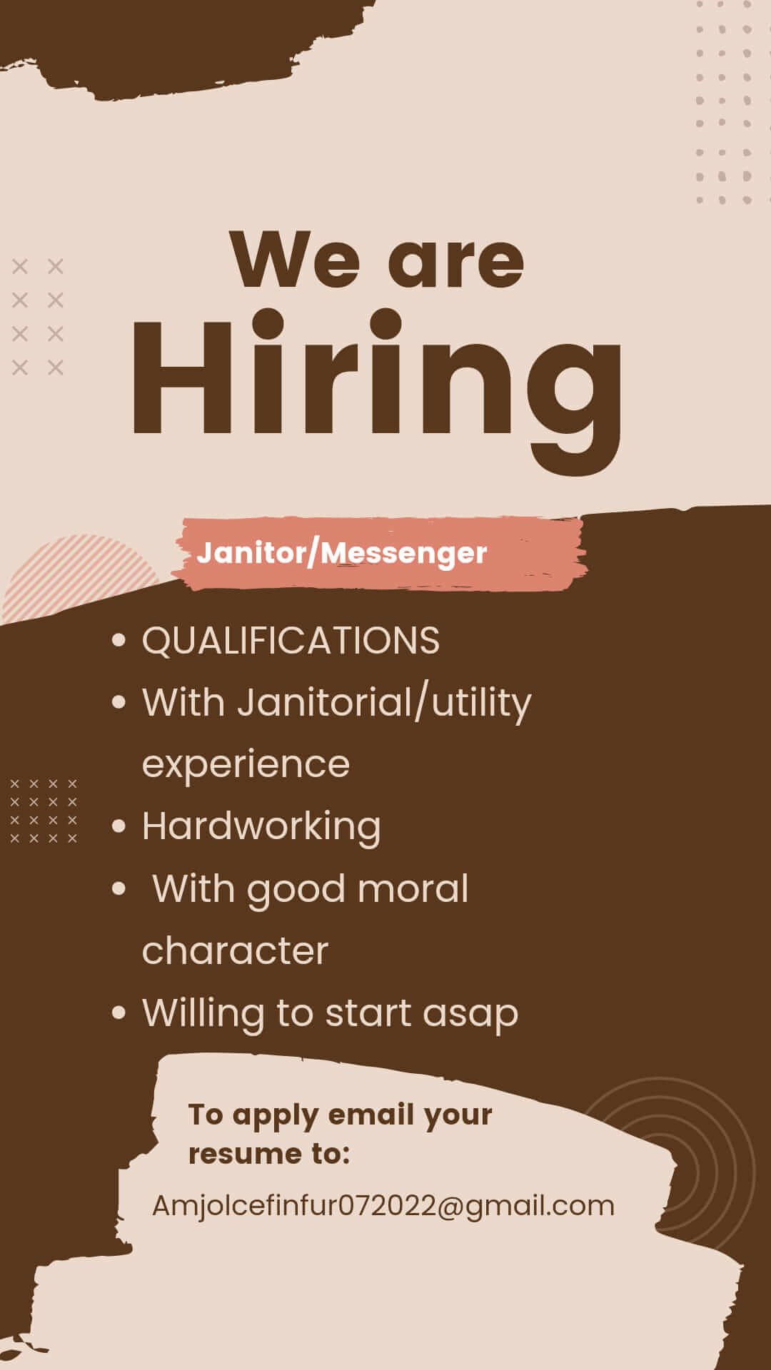 AMJOLCE FINEFUR INTERIOR is looking for Amjolce Janitor/Messenger